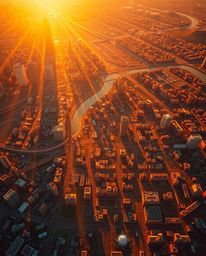 An overhead bird's-eye view reveals an abstract city map constructed from geometric shapes, bathed in warm golden light. This