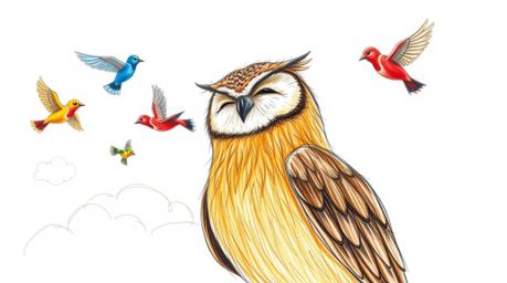 A heartwarming hand-drawn sketch in Pixar style depicts a blind owl with feathered texture and warm brown tones guiding a flo