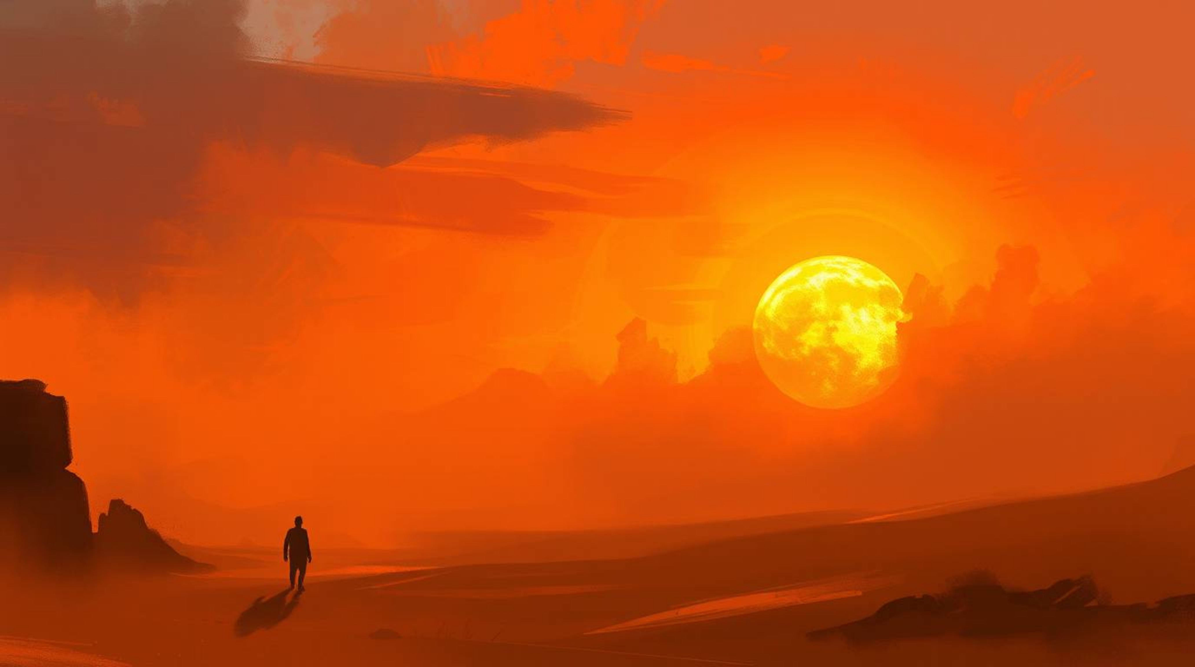A captivating digital painting depicts a misty desert sunset, rendered in a dynamic, loose painterly style.  Epic complementa