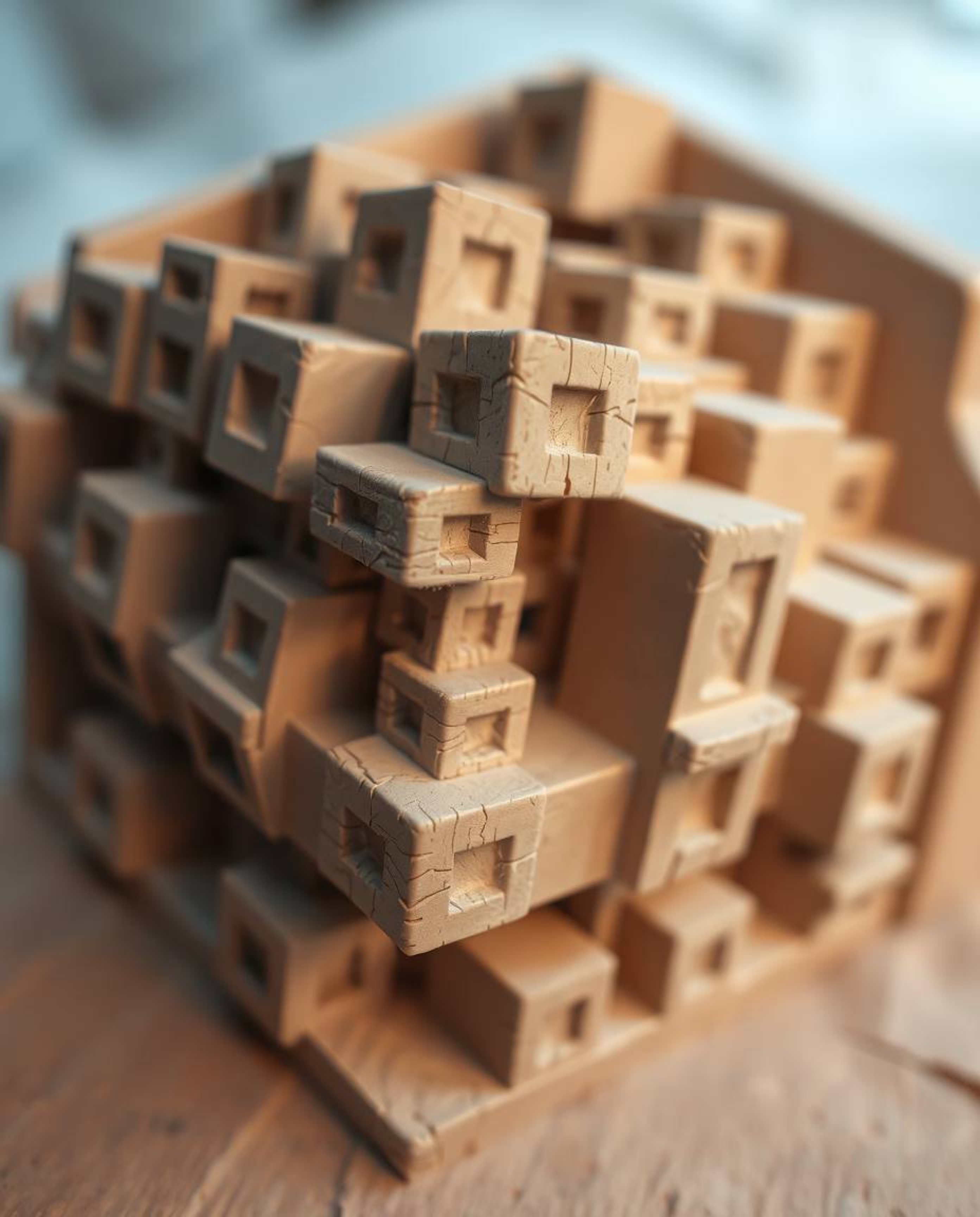Explore mesmerizing sculptural clay art featuring a repetitive cube pattern inspired by Escher-style impossible geometry. Thi