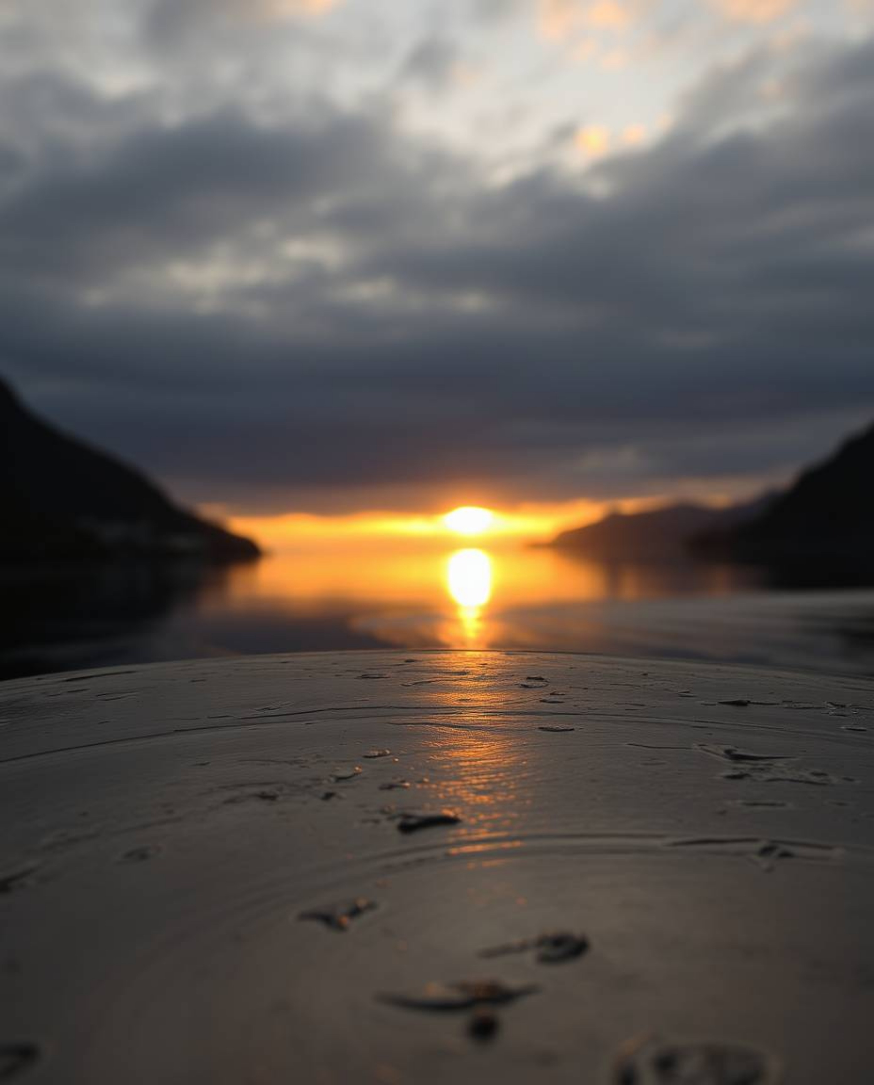 A cast bronze surface depicts the reflection of a sunset in a glassy fjord, characterized by contrasting chiaroscuro lighting