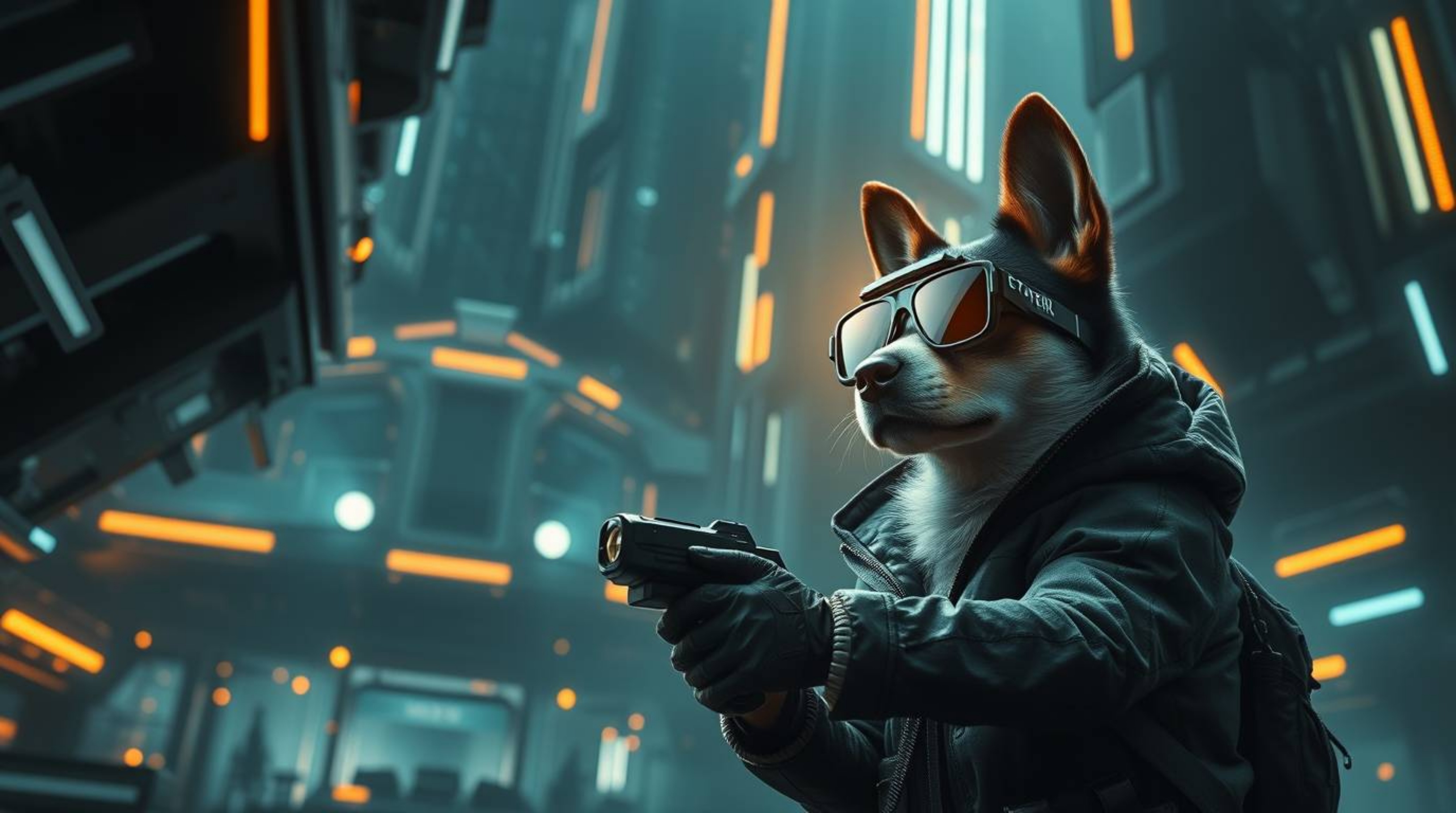 Dive into an epic, cinematic scene featuring a heroic dog detective utilizing high-tech gadgets.  Rendered in intense jet bla