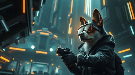 Dive into an epic, cinematic scene featuring a heroic dog detective utilizing high-tech gadgets.  Rendered in intense jet bla