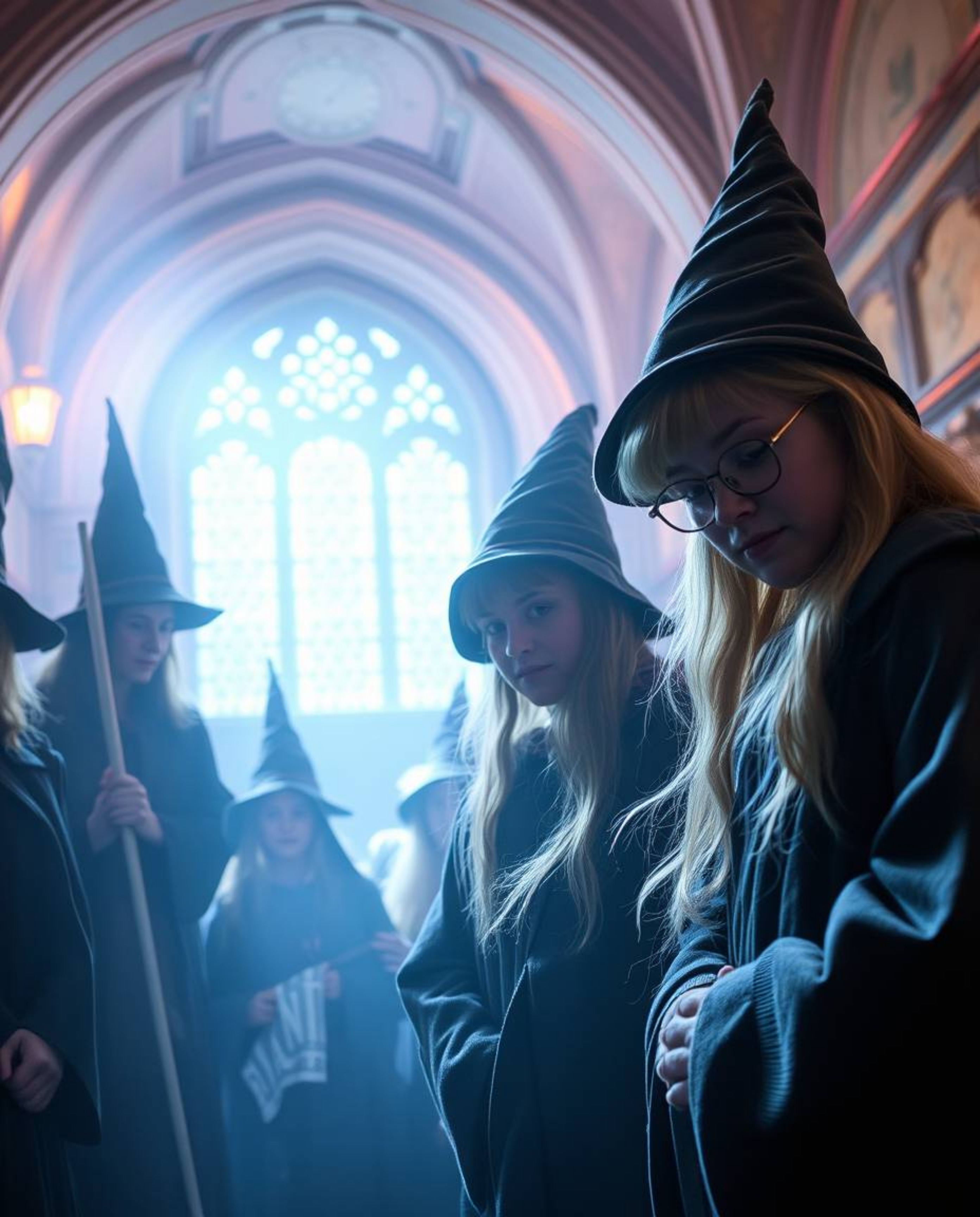 Experience the enchanting atmosphere of a magical school filled with young wizards, brought to life with a blend of intense, 