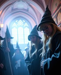 Experience the enchanting atmosphere of a magical school filled with young wizards, brought to life with a blend of intense, 