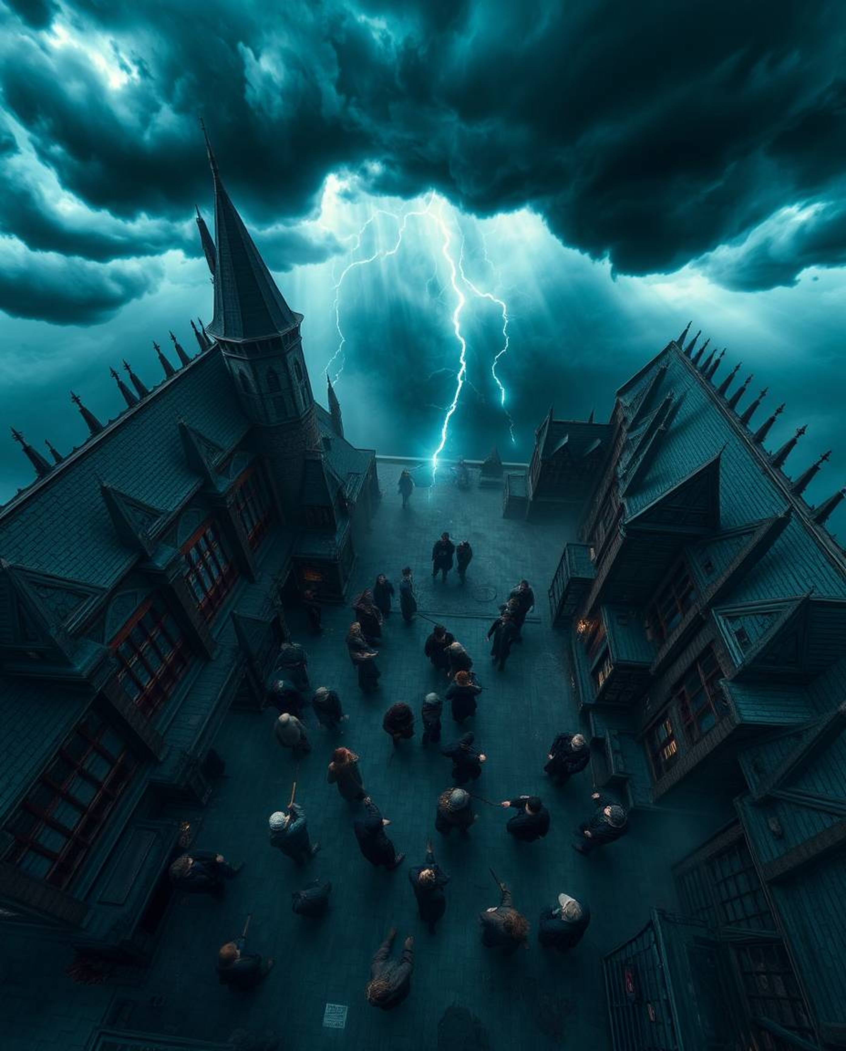 Experience a breathtaking bird's-eye view of a magical school teeming with young wizards, all set against a backdrop of inten