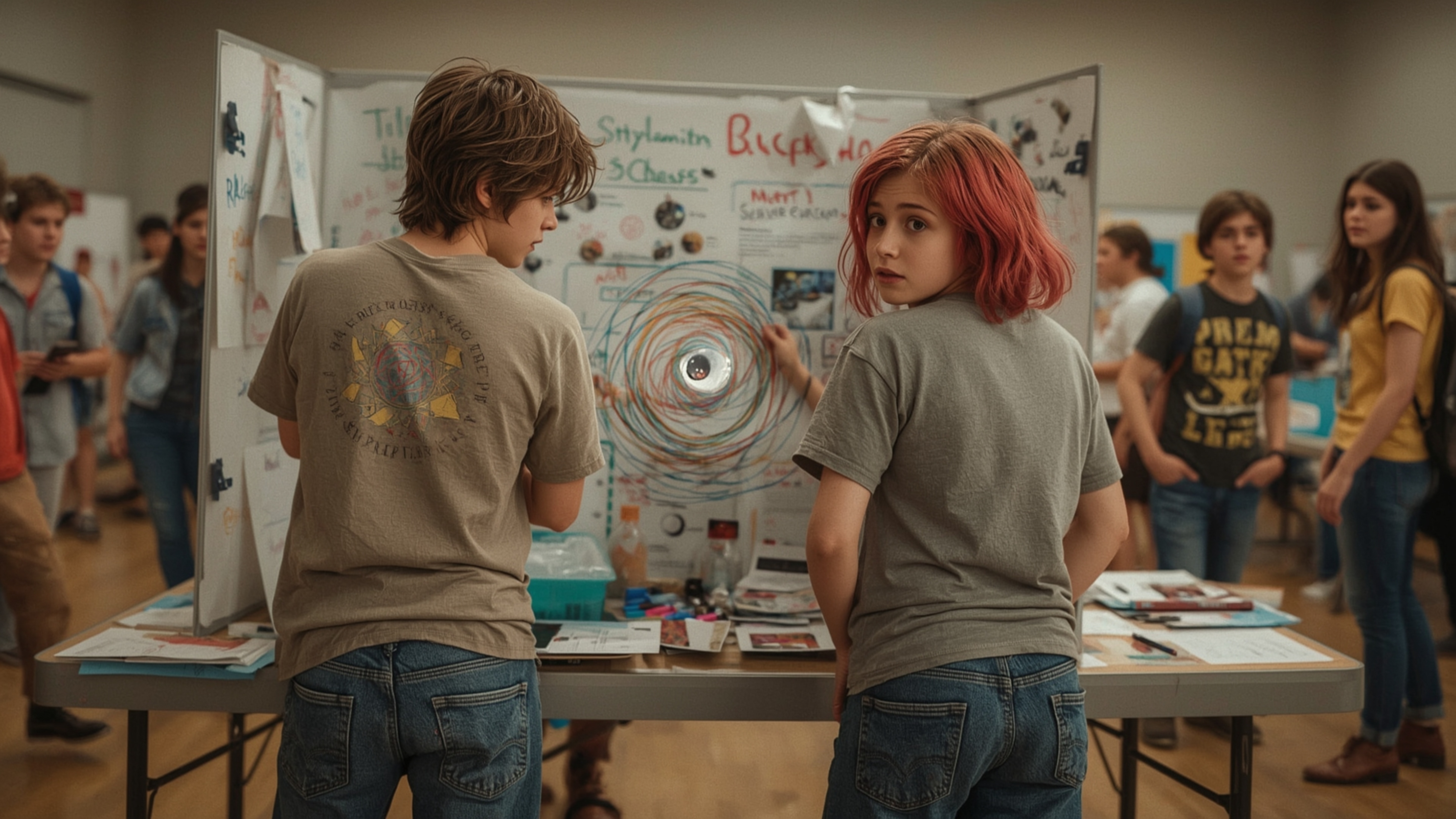 In a vibrant, cinematic photograph with a chaotic, Pixar-inspired style, two teenage science fair participants nervously try 