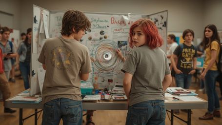 In a vibrant, cinematic photograph with a chaotic, Pixar-inspired style, two teenage science fair participants nervously try 