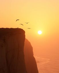 Bask in the warm golden hour light as it casts a gentle and soothing aesthetic over a coastal cliff at sunset. This serene sc