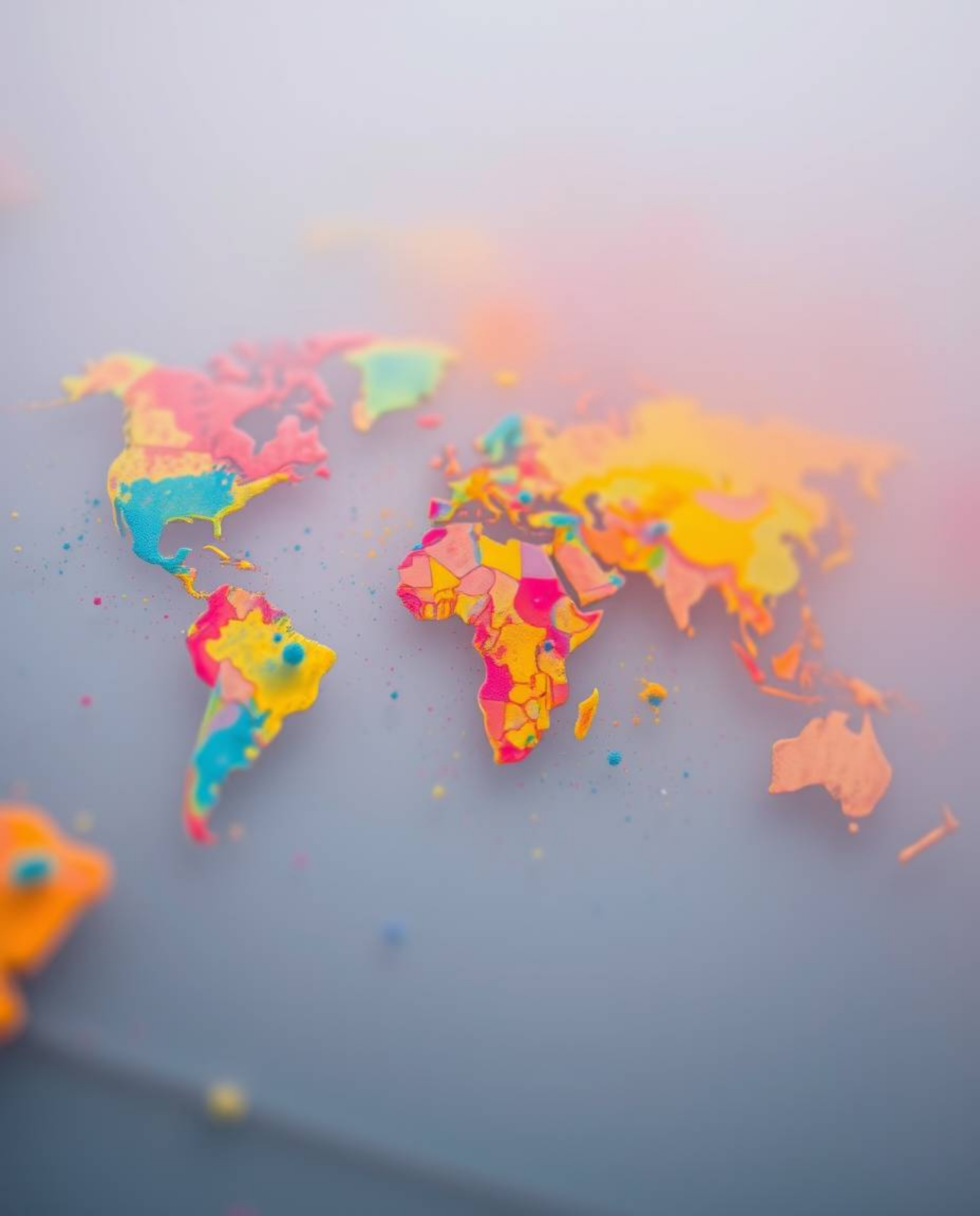Explore a captivating extreme macro close-up of a world map abstract, uniquely formed by bright colorful splashes shrouded in