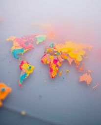 Explore a captivating extreme macro close-up of a world map abstract, uniquely formed by bright colorful splashes shrouded in