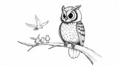 Stylized hand-drawn sketch reminiscent of Pixar animation depicts a wise blind owl, its feathers meticulously detailed with t