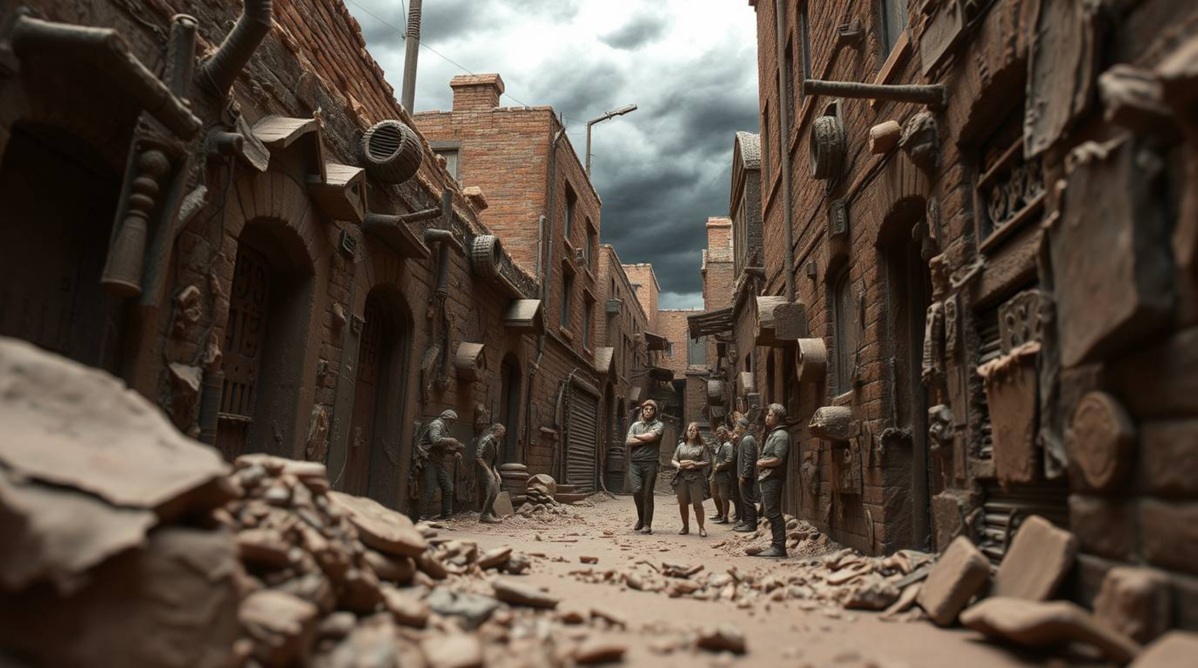 This sculptural clay art piece depicts a grungy city alley teeming with rebellious teens under intensely dramatic weather con