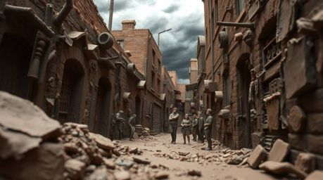 This sculptural clay art piece depicts a grungy city alley teeming with rebellious teens under intensely dramatic weather con