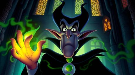 A captivating image of a classic Disney villain, sharp features highlighted, casting a spell within the walls of a gothic cas