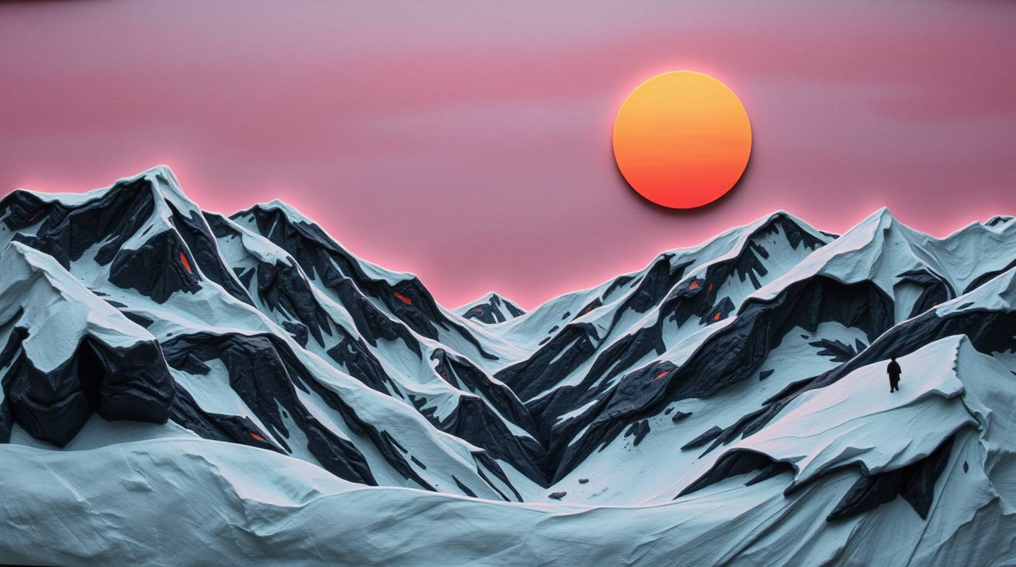 Experience an unsettling yet captivating scene: snow-covered mountains illuminated by a pastel sunset, meticulously crafted f