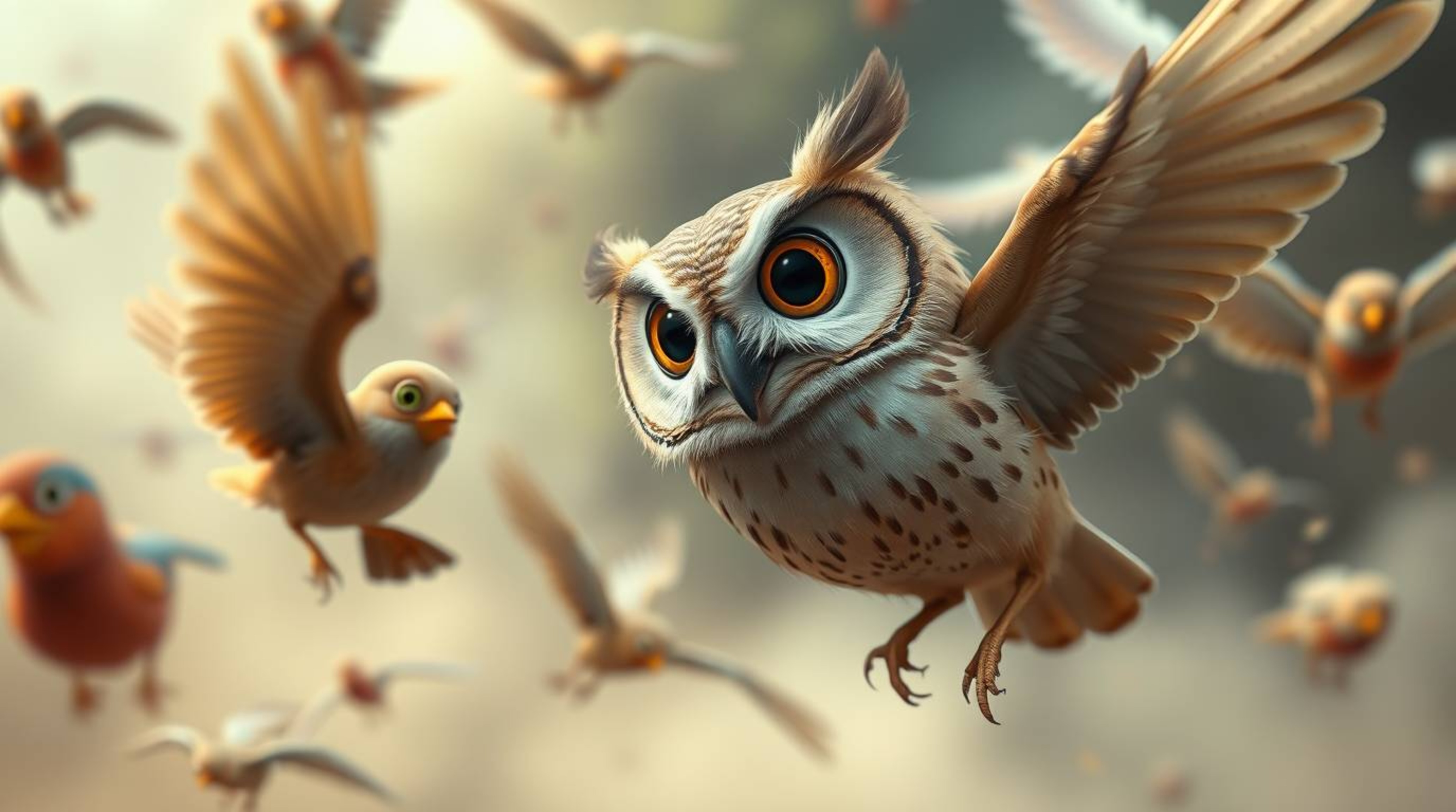A captivating blend of dreamlike surrealism and Pixar charm, this image depicts a blind owl with large, expressive eyes guidi