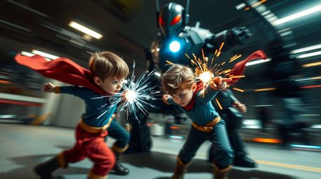 Witness an epic clash in this extreme macro photograph! Three superpowered children engage in an intense battle against a for