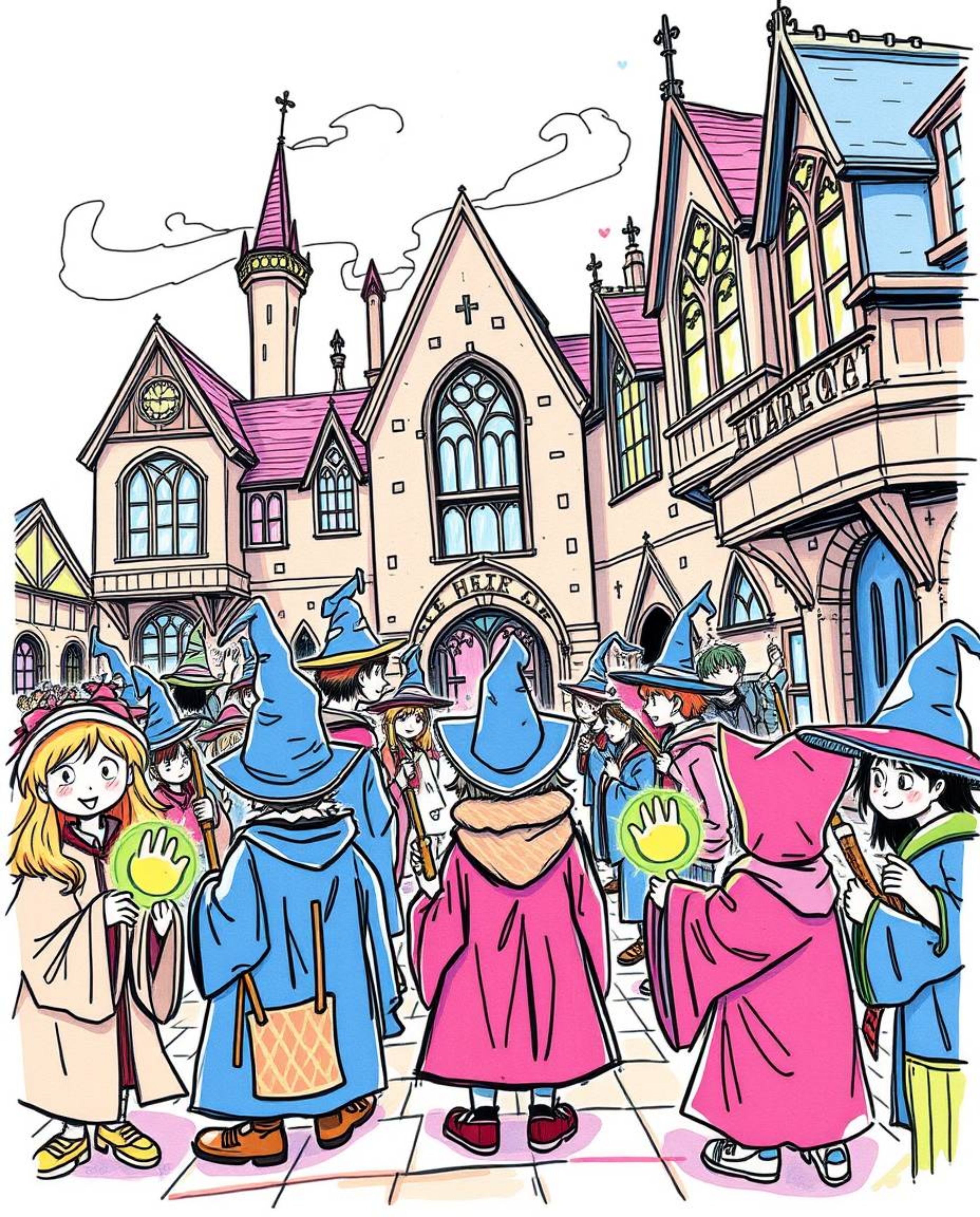 Explore a hand-drawn sketchnote of a magical school teeming with young wizards, brought to life with quick lines, vibrant col