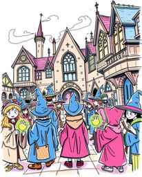 Explore a hand-drawn sketchnote of a magical school teeming with young wizards, brought to life with quick lines, vibrant col