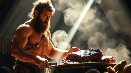 A captivating scene unfolds as a caveman with defined muscles expertly cooks mammoth meat, illuminated by bright lens flares 
