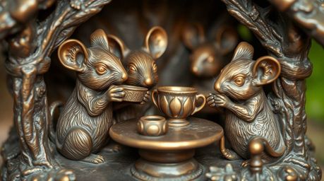 Discover a charming antique bronze sculpture depicting anthropomorphic mice enjoying a delightful tea party in a cozy cottage