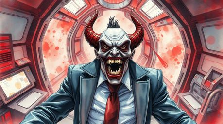 A high-angle perspective watercolor painting depicting a villain experiencing a humorous breakdown within a high-tech lair. T