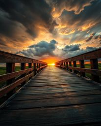 A striking photograph captures an old wooden bridge at sunset, distinguished by its cast bronze surface and an antique patina