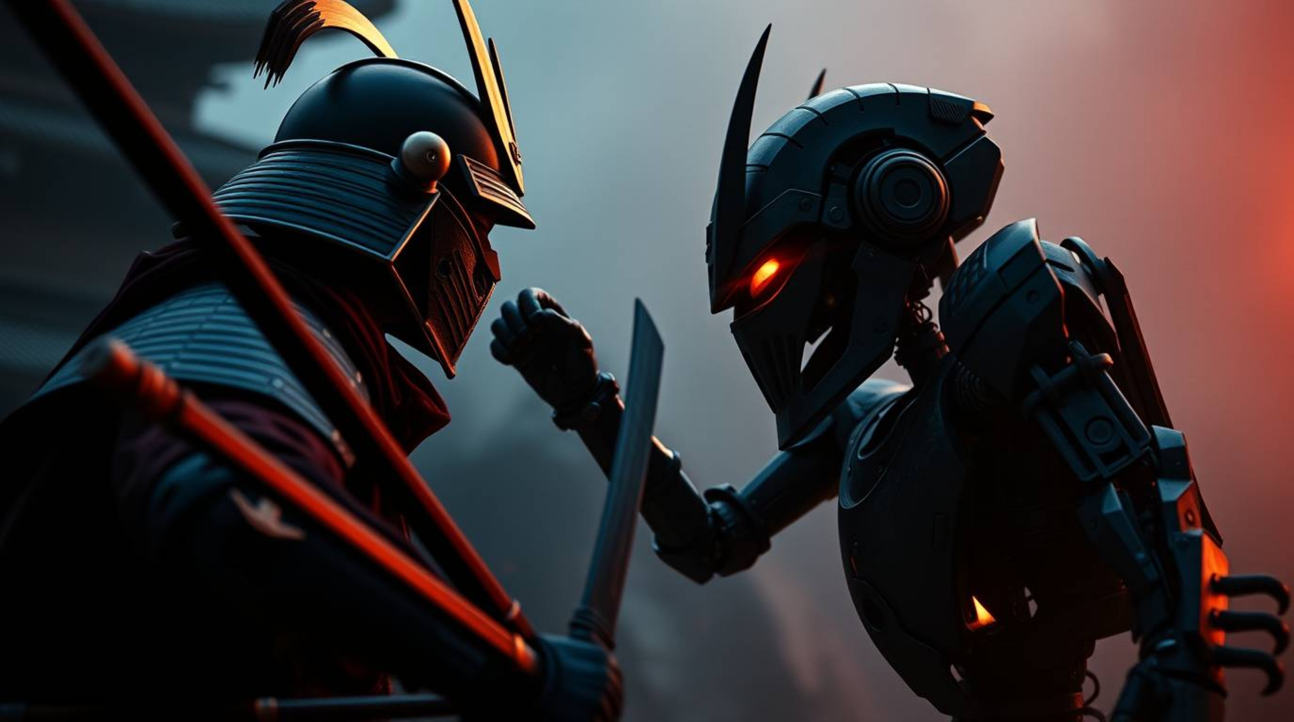 A captivating cinematic scene depicts a samurai engaging in a dramatic battle against a robot within a dystopian world. The r