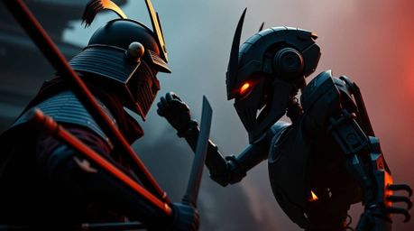 A captivating cinematic scene depicts a samurai engaging in a dramatic battle against a robot within a dystopian world. The r