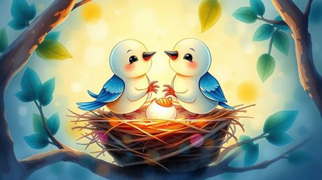 This vibrant watercolor painting features two adorable cartoon birds diligently building a nest in a style reminiscent of cla