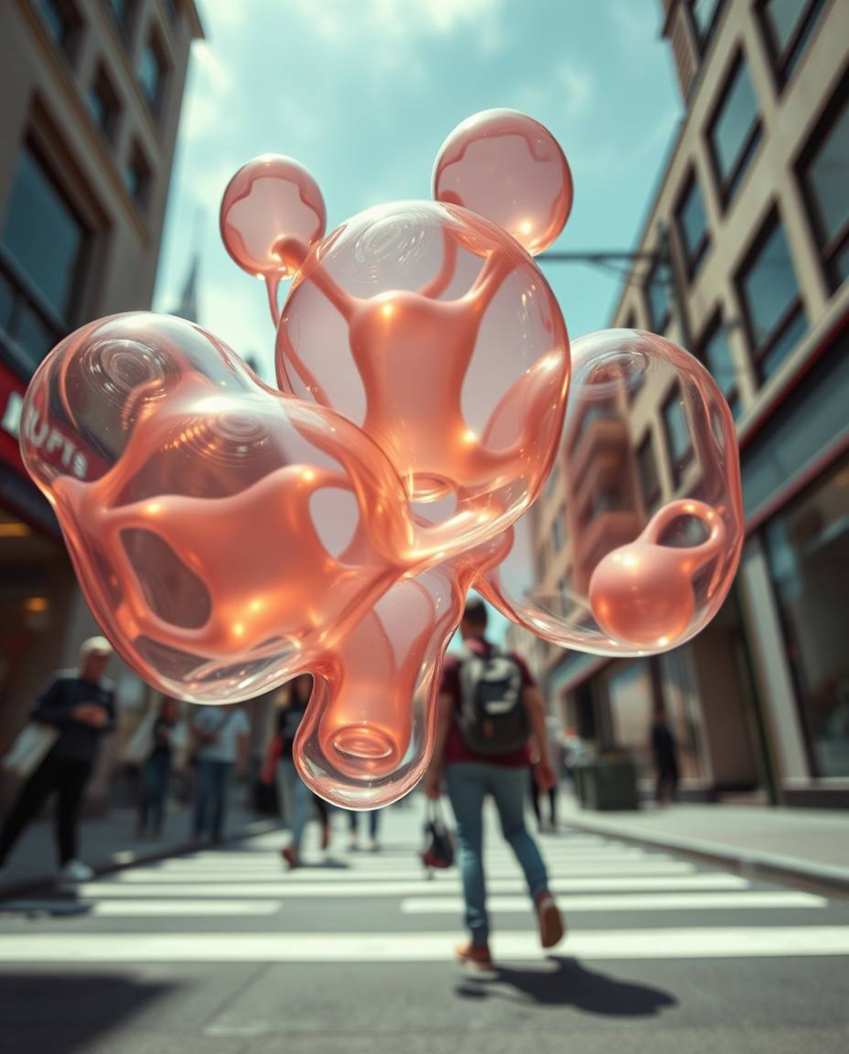 Explore the captivating blend of urban reality and surreal fantasy with this low-angle perspective candid street photography.