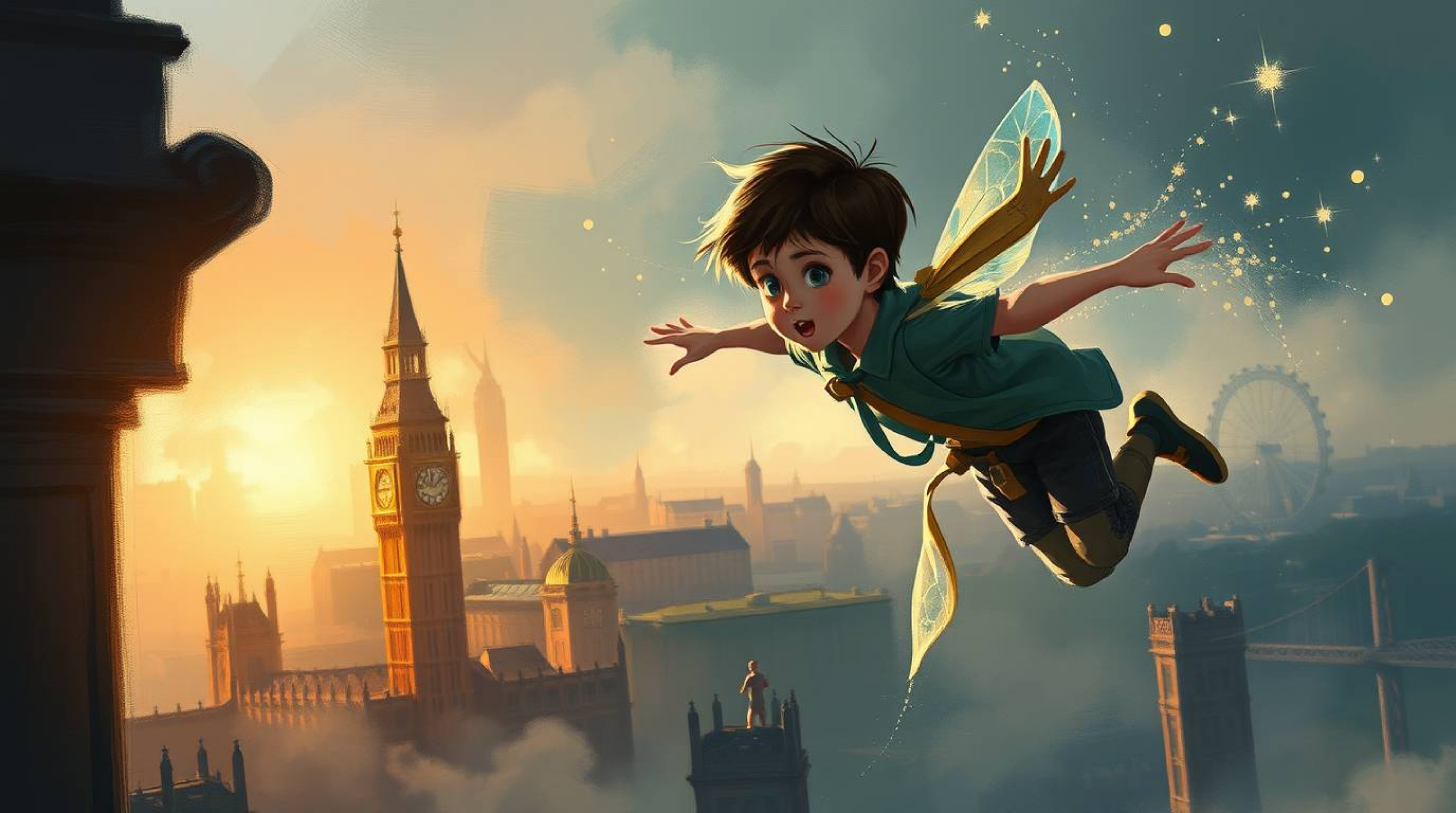 A captivating digital sketch portrays a young boy soaring above London with the aid of pixie dust. Loose, painterly strokes, 