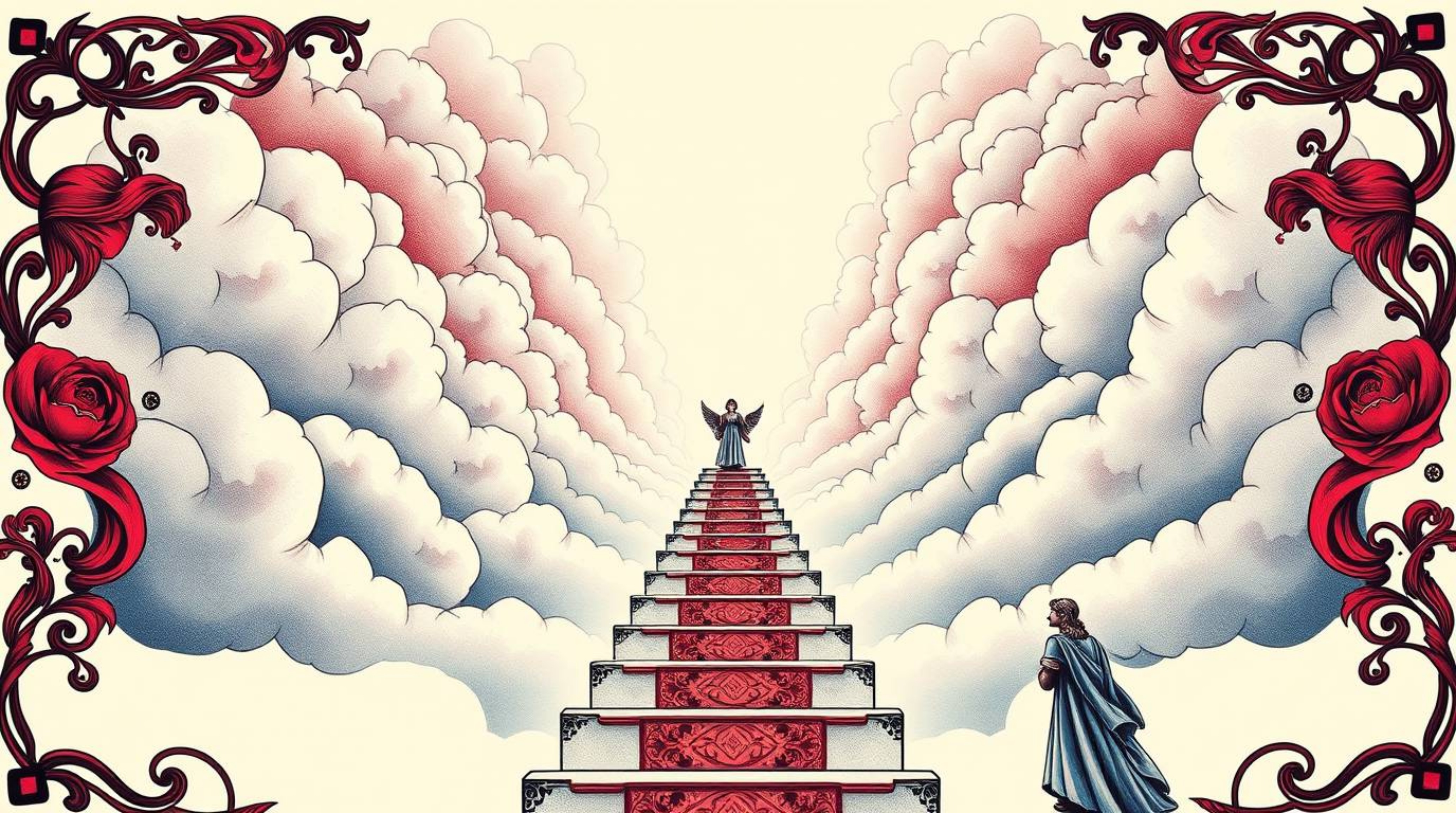 This artwork features a high-angle perspective of light steps ascending into a cloudy sky, reminiscent of a dreamlike and pea