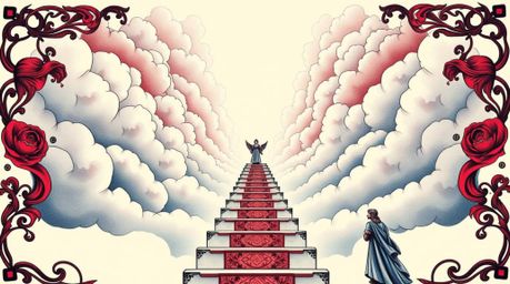 This artwork features a high-angle perspective of light steps ascending into a cloudy sky, reminiscent of a dreamlike and pea