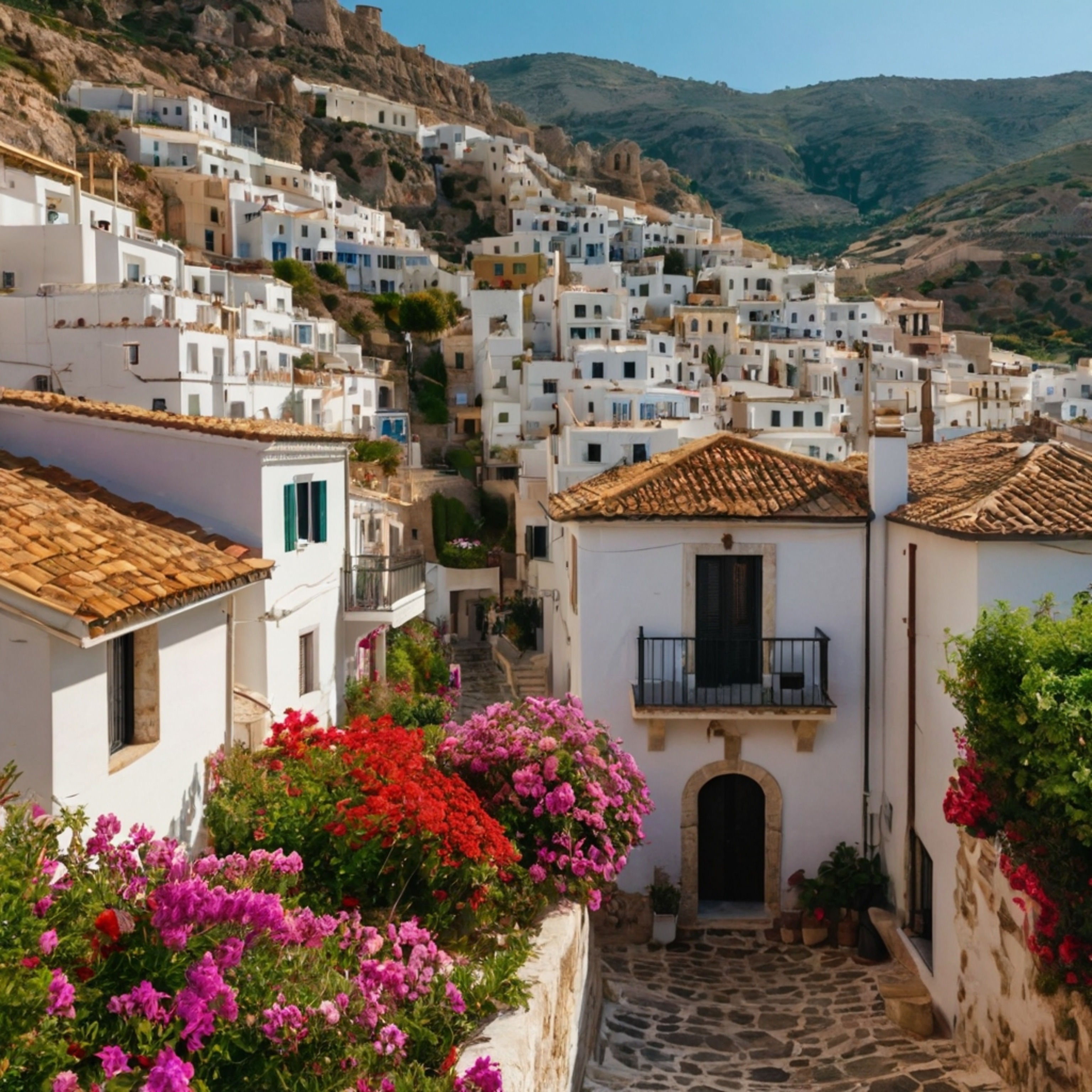 Discover the allure of a small Mediterranean town, characterized by its labyrinthine narrow streets, iconic whitewashed house