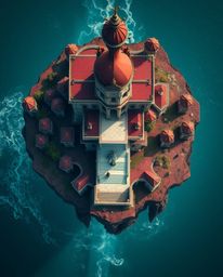 Experience a breathtaking overhead bird's-eye view of a sophisticated and elegant surreal floating island. Featuring unique a