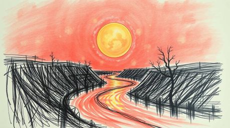 A chilling hand-drawn sketch depicts a winding river mysteriously glowing beneath a dramatic orange-pink sunset.  Rendered in