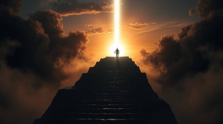 An epic and visually striking image depicting a lone figure ascending a stone staircase towards a divine beam of light in a f