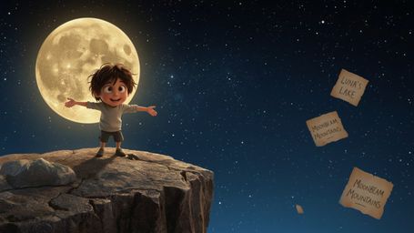 In a vibrant, whimsical photograph with a cinematic style reminiscent of Pixar, a curious, wide-eyed kid stands on a rocky cl
