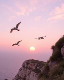 This is an adorable and cute depiction of a sunset over a coastal cliff, where soaring birds with charming features fill the 