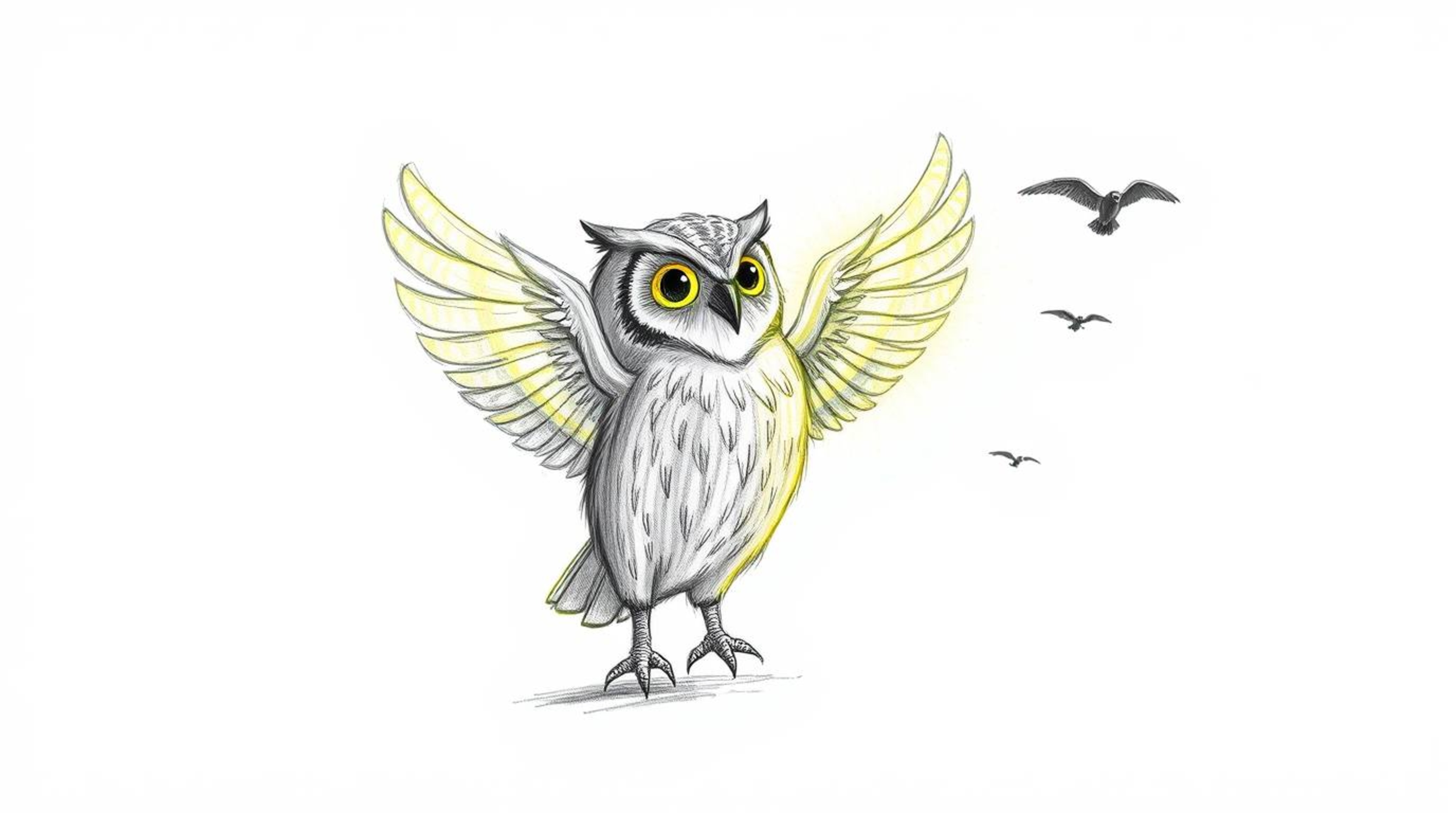 A heartwarming hand-drawn sketch in the style of Pixar depicts a blind owl with luminous, glowing feathers, illuminated by a
