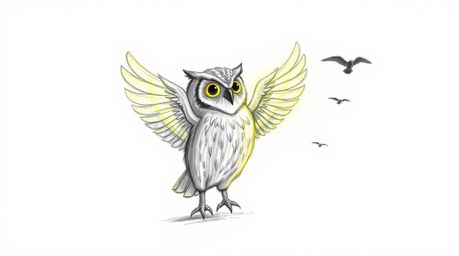 A heartwarming hand-drawn sketch in the style of Pixar depicts a blind owl with luminous, glowing feathers, illuminated by a 