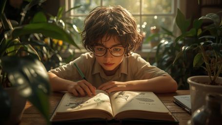 a warmly lit, cinematic photograph of a bright-eyed, bespectacled homeschooled genius, with a mop of curly brown hair and a s