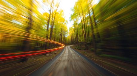 Experience the thrill of a high-speed chase through a mesmerizing, looping forest with this long exposure photograph. Vibrant