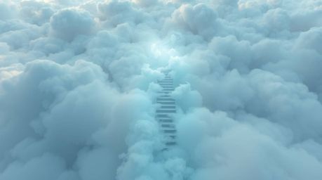 An image depicting a winding stairway of smoke and light ascending into a vast cloudy sky evokes a sense of ethereal journey 
