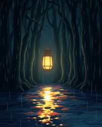 Immerse yourself in the enchanting atmosphere of this Isekai-style anime artwork.  A glowing lantern illuminates a dark, rain