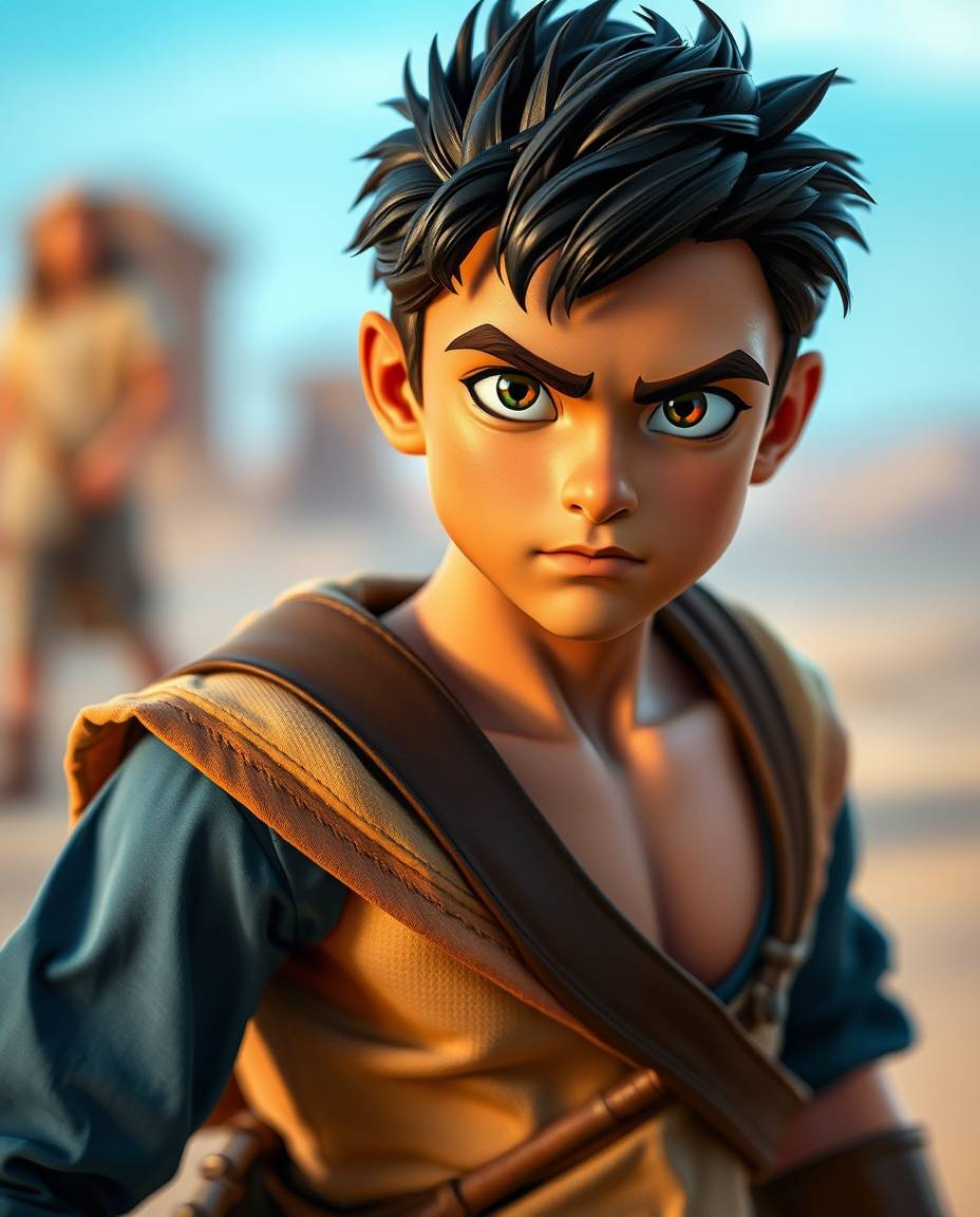 Embark on a captivating desert adventure with a brave, Disney-style hero. Witness the magic of a blurred bokeh effect that be