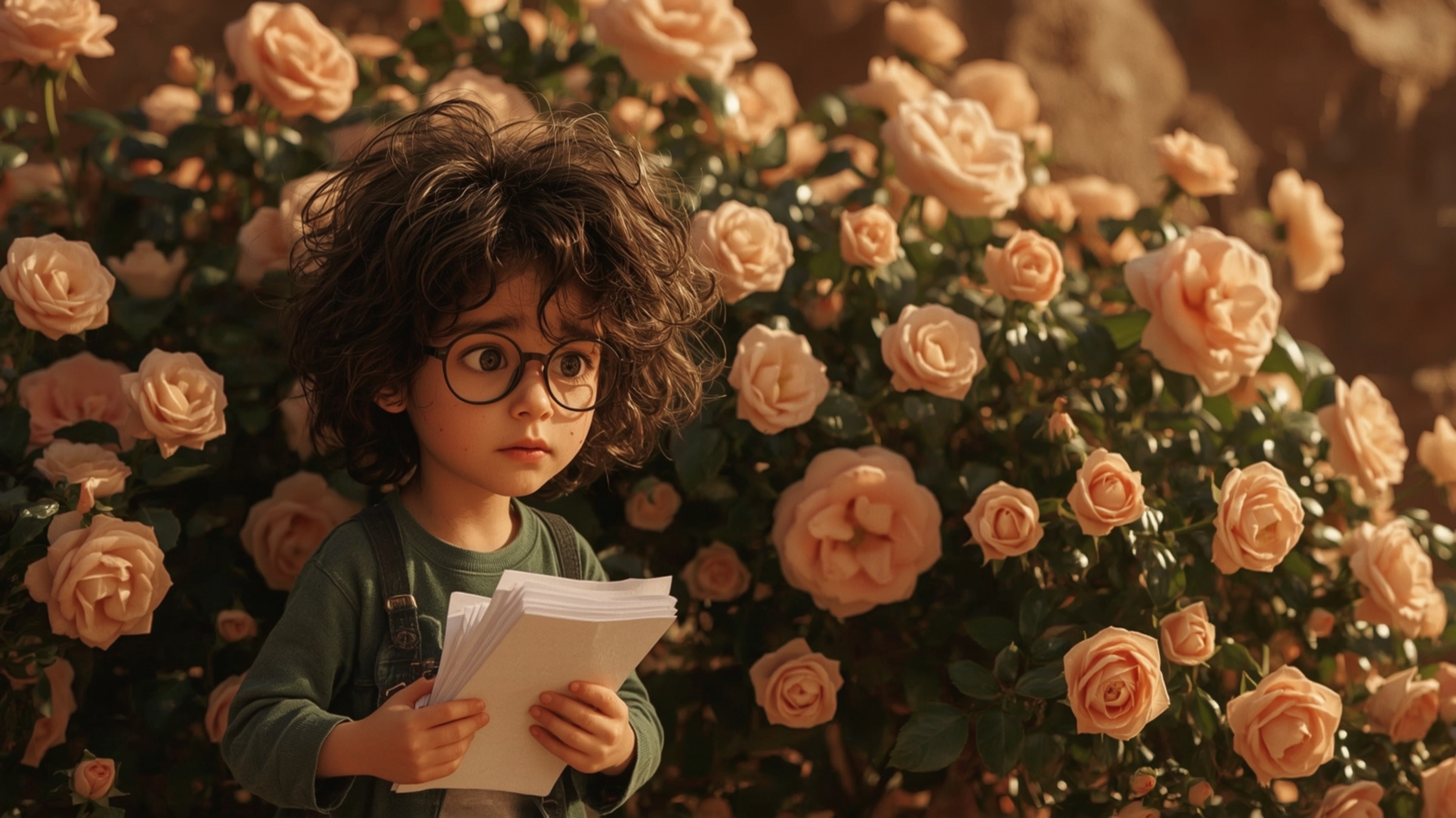 In a vibrant and whimsical cinematic photo, a bright-eyed, bespectacled homeschooled genius with unruly curly hair and freckl