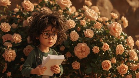 In a vibrant and whimsical cinematic photo, a bright-eyed, bespectacled homeschooled genius with unruly curly hair and freckl